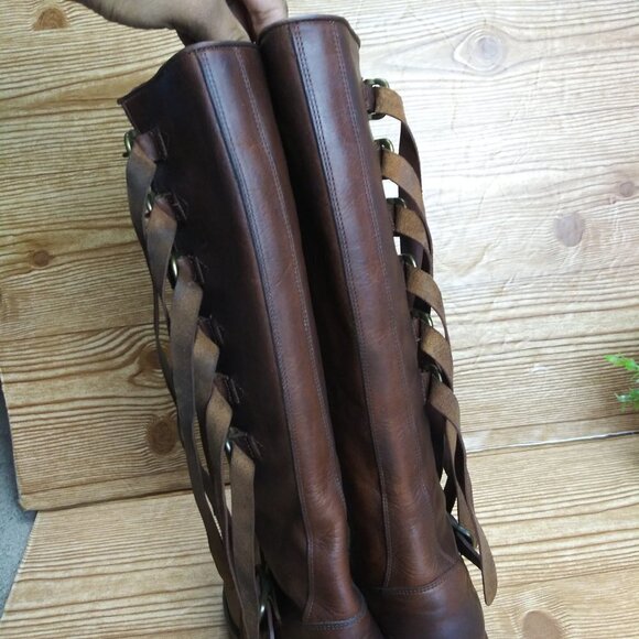 FRYE VERONICA Women Strap Tall Brown leather Boots size 6 Western Boho Moto - Picture 13 of 16